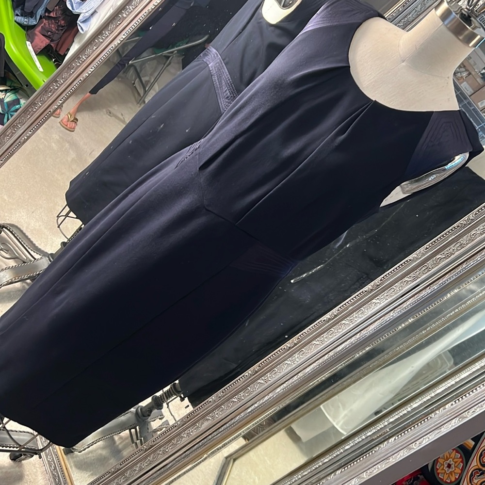 Dark navy dress with satin inset at shoulder and waist